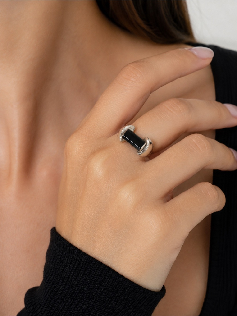Sterling Silver Tone Black Onyx Style Rectangular Statement Ring size 6